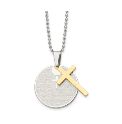Chisel Brushed Yellow Ip-plated 2 Piece Lords Prayer Cross Ball Chain Necklace