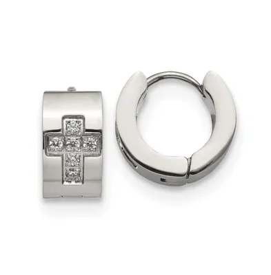 Chisel Stainless Steel Polished with Cz Cross Hinged Hoop Earrings