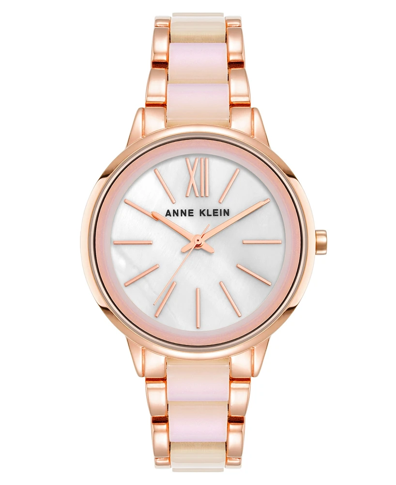 Anne Klein Women's Quartz Rose Gold-Tone Alloy and Iridescent Acetate Link Watch, 37mm - Rose Gold