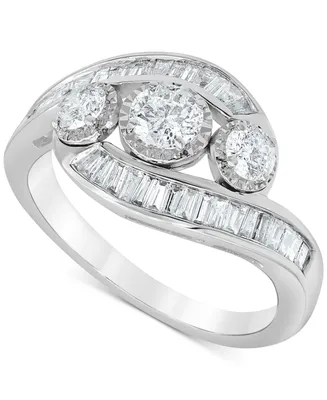Diamond Round & Baguette Three Stone Swirl Ring (1 ct. t.w.) in 10k White Gold