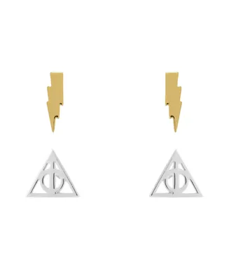 Harry Potter Gold and Silver Flash Plated Stud Earring Sets - Lighting Bolt and Deathly Hallows - 2 Pairs