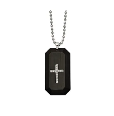 Chisel Solid Carbon Fiber Cz Cross Dog Tag Ball Chain Necklace