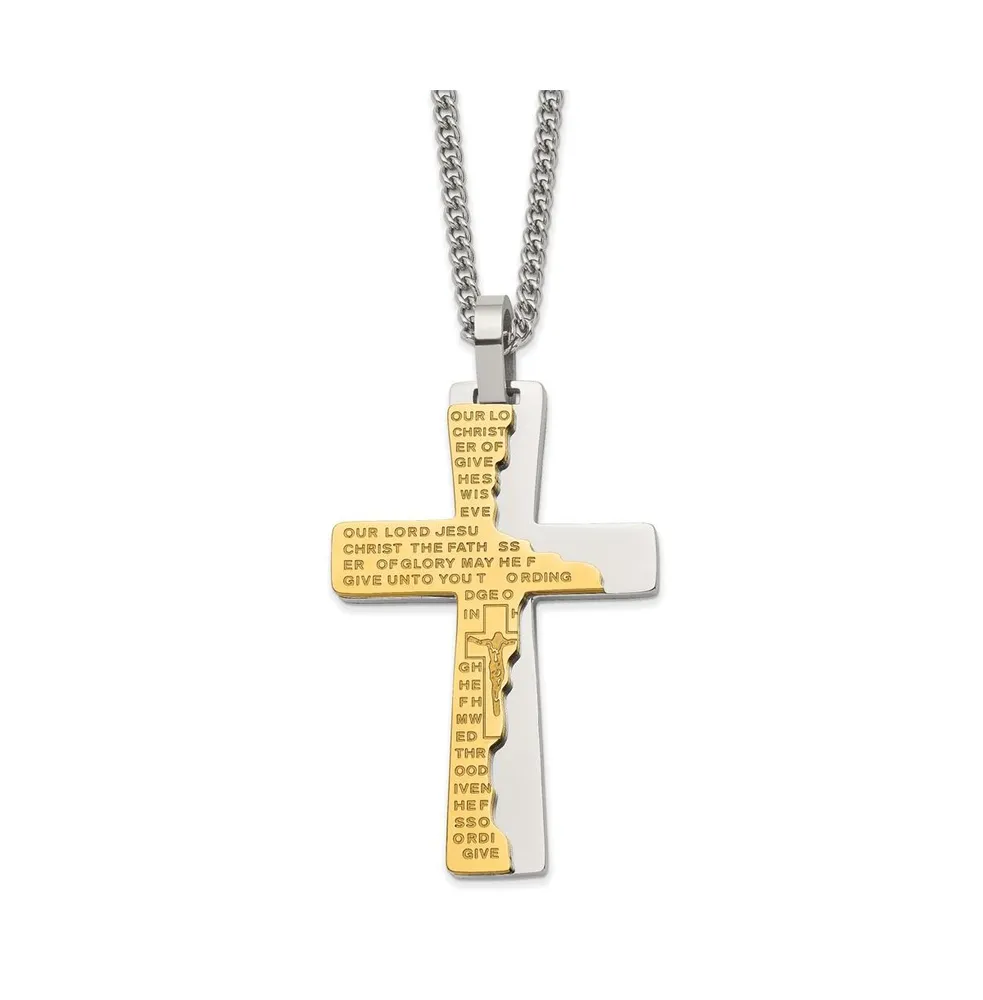 Chisel Yellow Ip-plated Etched Broken Prayer Cross Pendant Curb Chain Necklace