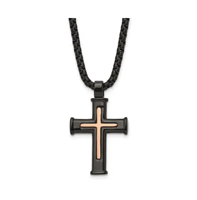 Chisel Black and Rose Ip-plated Cross Pendant Box Chain Necklace
