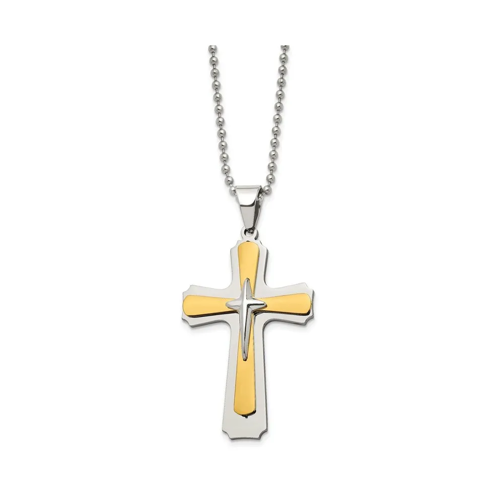 Chisel Polished Yellow Ip-plated Cross Pendant Ball Chain Necklace