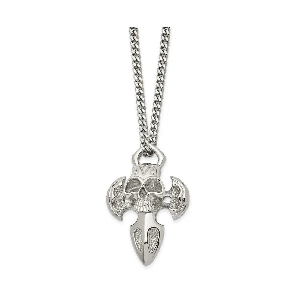 Chisel Polished Cross with Skull Pendant on a Curb Chain Necklace