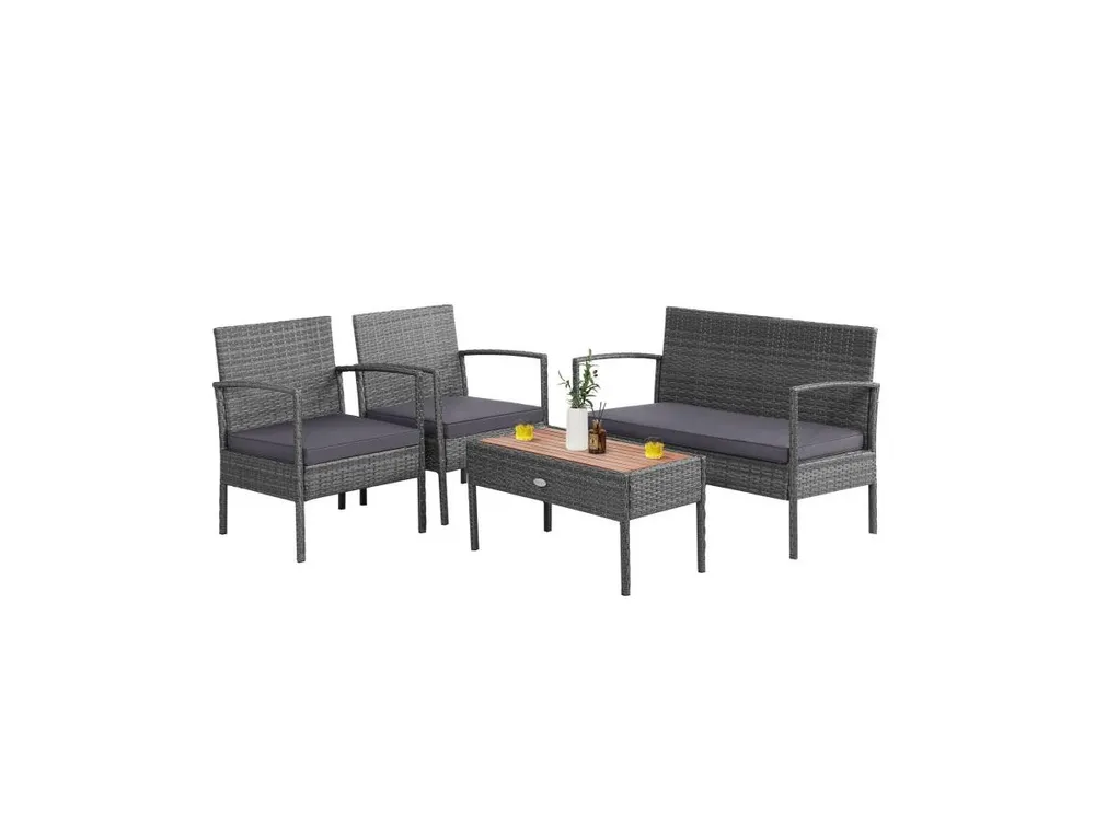 4 Pieces Rattan Patio Conversation Furniture Set with Acacia Wood Tabletop