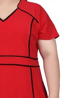 Ny Collection Plus Short Sleeve Piped Detail Dress