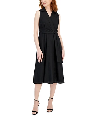 Tahari Asl Women's Faux-Wrap Linen Midi Dress