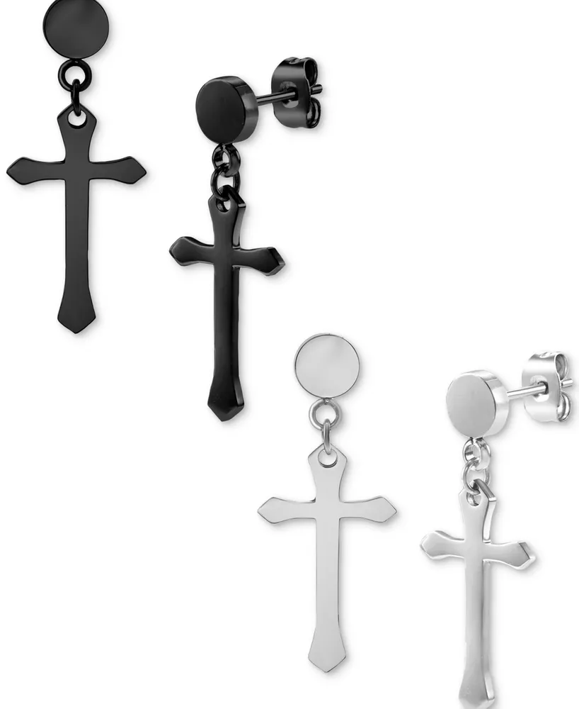 Blackjack 2-Pc. Set Men's Cross Chain Drop Earrings in Stainless Steel & Black Ion-Plated Stainless Steel