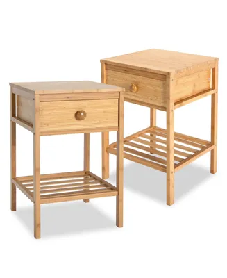 Set of 2 Bamboo End Tables with Drawer and Open Shelf-Natural