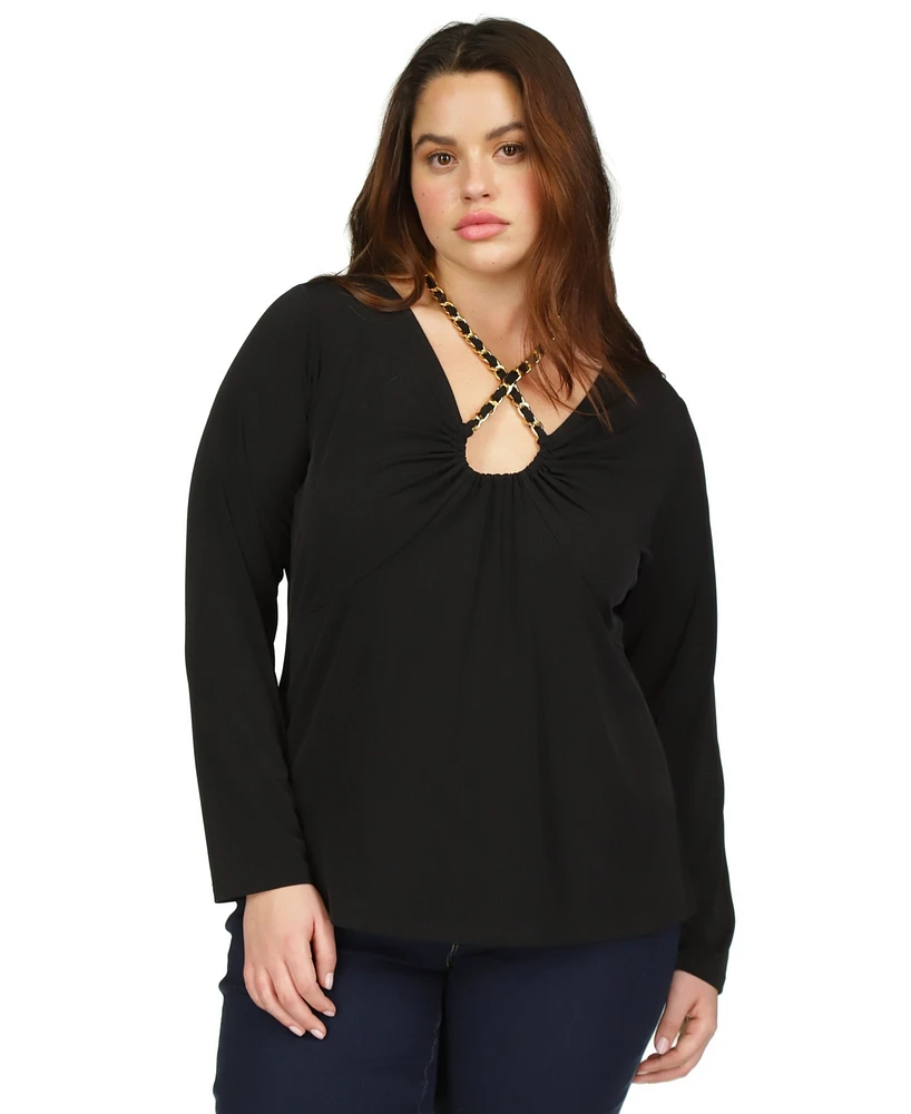 Michael Kors Plus Chain-Neck Long-Sleeve Top