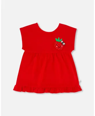 Girl Organic Cotton Long Top With Frill True Red