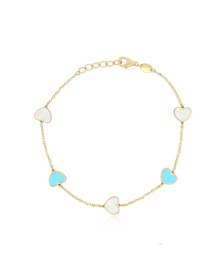 The Lovery Mother of Pearl and Turquoise Mixed Heart Station Bracelet 14K Gold