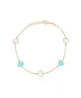 The Lovery Mother of Pearl and Turquoise Mixed Heart Station Bracelet 14K Gold