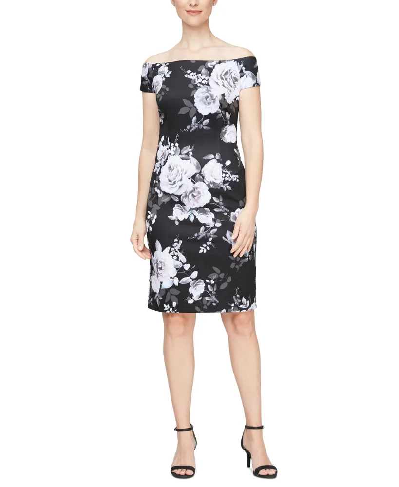 Sl Fashions Women's Off-The-Shoulder Floral Print Sheath Dress