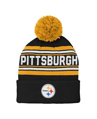 Youth Boys and Girls Black Pittsburgh Steelers Jacquard Cuffed Knit Hat with Pom