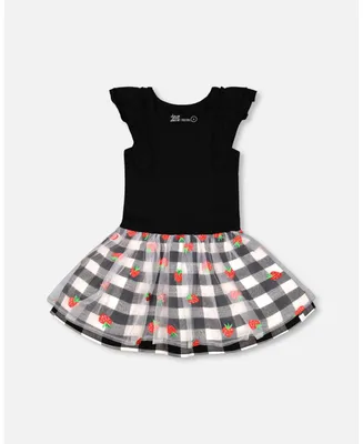 Girl Bi-Material Dress With Mesh And Vichy Skirt