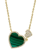 Effy Malachite & Diamond (1/5 ct. t.w.) Double Heart 18" Pendant Necklace in 14k Gold