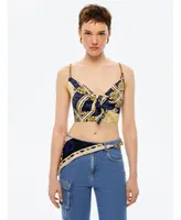 Satin Patterned Twist Front Crop Top