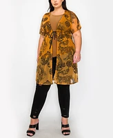 Coin 1804 Plus Dragon Print Mesh Tie Front Short Sleeve Kimono Top