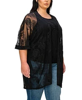 Coin 1804 Plus Dragon Print Mesh Roll Sleeve Kimono Top