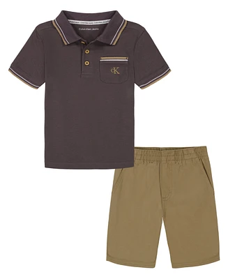 Calvin Klein Toddler Boys Tipped Pique Short Sleeve Polo Shirt and Twill Shorts, 2 Piece Set