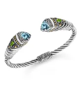 Blue Topaz, Peridot Bali Filigree Cuff Bracelet Sterling Silver and 18K Gold