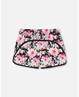 Girl Athletic Shorts Black Printed Big Flowers