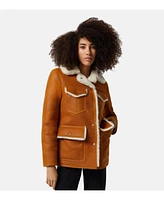 Furniq Uk Women's Shearling Western Trucker Jacket, Washed Whiskey with White Wool