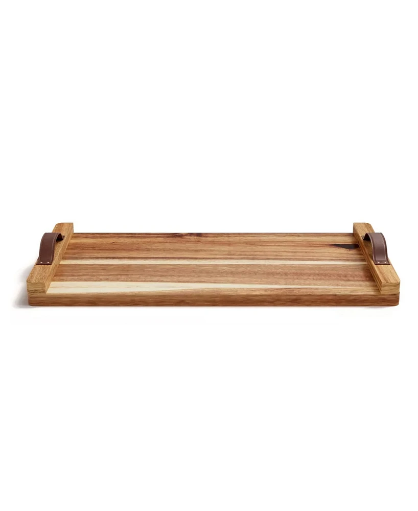 American Atelier Rectangular Acacia Wood Tray with Leather Handles