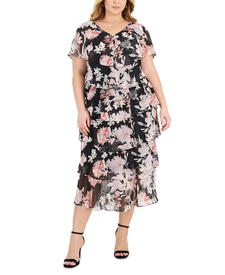 Sl Fashions Plus Floral-Print Ruffle Midi Dress