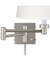 Modern Swing Arm Wall Lamp with Cord Cover Brushed Nickel Plug-In Light Fixture White Linen Tapered Drum Shade for Bedroom Bedside House Reading Livin