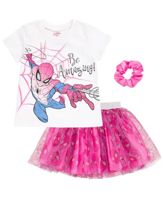 Marvel Spider-Man Girls T-Shirt Skirt and Scrunchie 3 Piece Outfit Set Toddler| Child