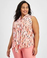 Bar Iii Plus Printed Sleeveless Bow Neck Blouse, Created for Macy's