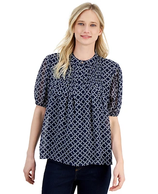 Nautica Jeans Women's Circle-Print Pintuck Short-Sleeve Popover Top