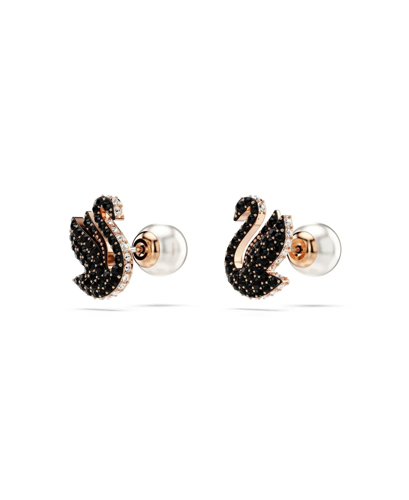 Swarovski Swan, Black, Rose Gold-Tone Iconic Swan Stud Earrings