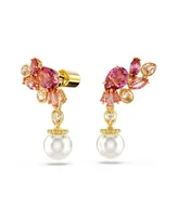 Swarovski Mixed Cuts, Crystal Swarovski Imitation Pearls, Flower, Pink, Gold-Tone Gema Drop Earrings