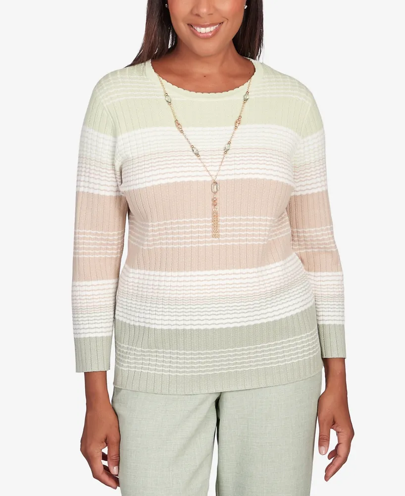 Alfred Dunner Women's English Garden Texture Stripe Crew Neck Sweater with Necklace