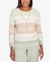 Alfred Dunner Women's English Garden Texture Stripe Crew Neck Sweater with Necklace