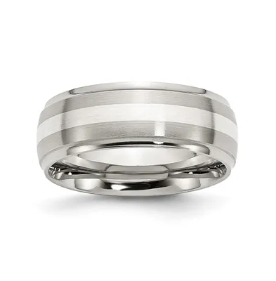 Chisel Stainless Steel Silver Inlay Brushed 8mm Ridged Band Ring