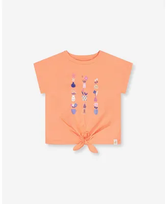 Girl Organic Cotton Top With Print And Knot Salmon Orange