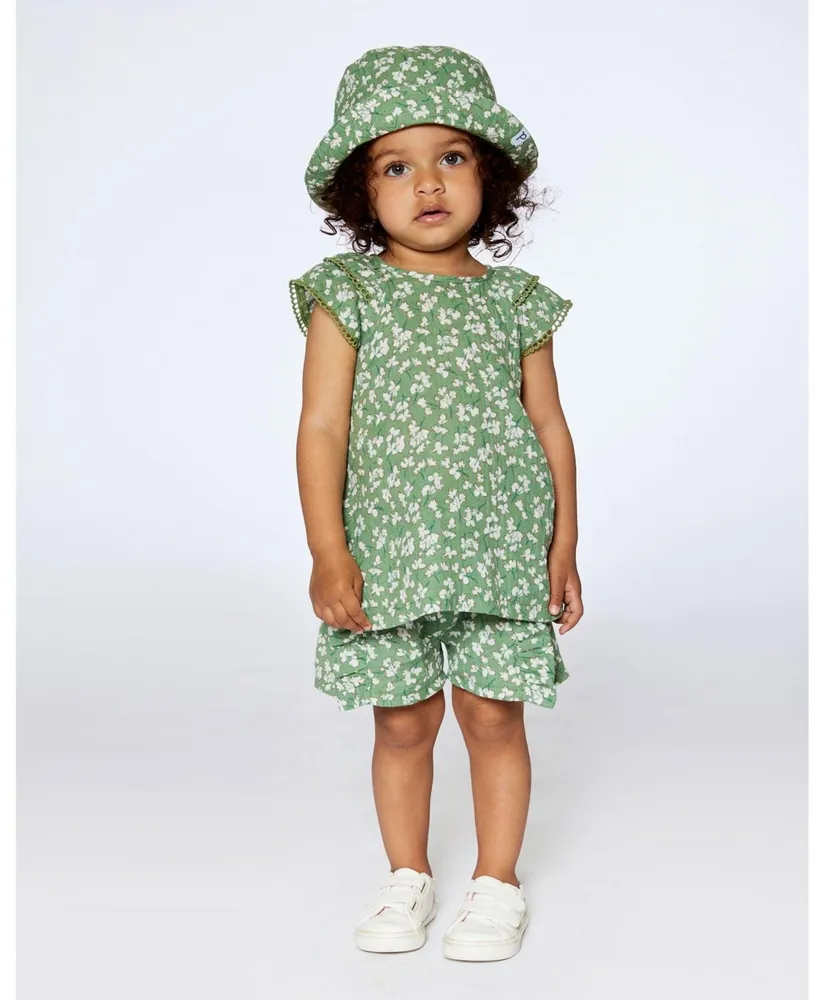 Girl Muslin Blouse And Short Set Green Jasmine Flower Print