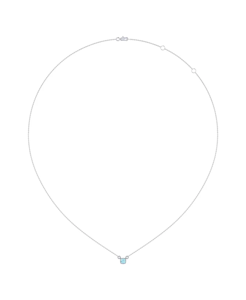 LuvMyJewelry Cushion Aquamarine Gemstone Round Natural Diamond 14K White Gold Birthstone Necklace
