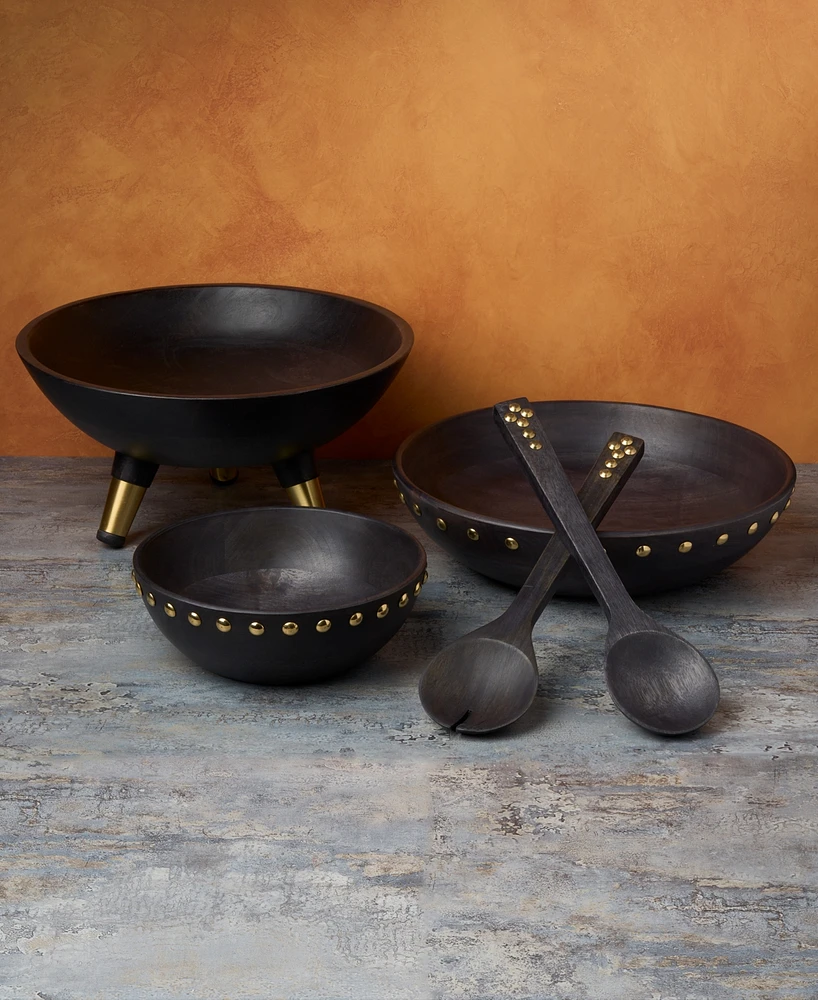 Godinger Signature Collection Acacia Wood Bowl with Tripod Legs and Metal Studs