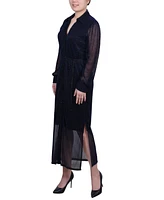 Ny Collection Women's Long Sleeve Plisse Mesh Dress with Belt