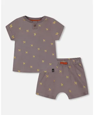 Baby Boy Organic Cotton Top And Short Set Dark Grey With Printed Pixel Dog - Infant