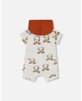 Baby Boy Organic Cotton Hooded Romper Heather Beige With Printed Dog - Infant