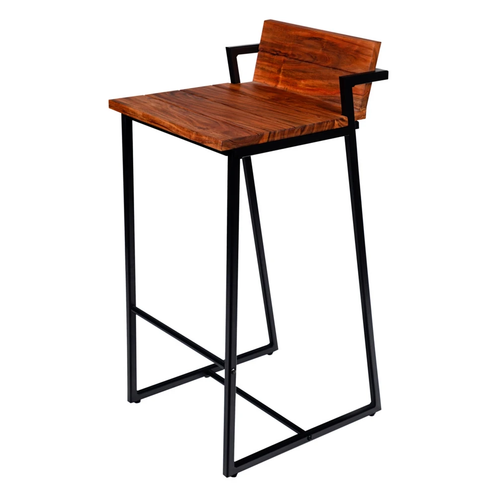 Simplie Fun 35 Inch Industrial Style Acacia Wood Barstool With Metal Frame, Brown And Black