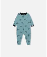 Baby Boy Organic Cotton One Piece Pajama Teal With Mechanical Dinosaurs Print - Infant